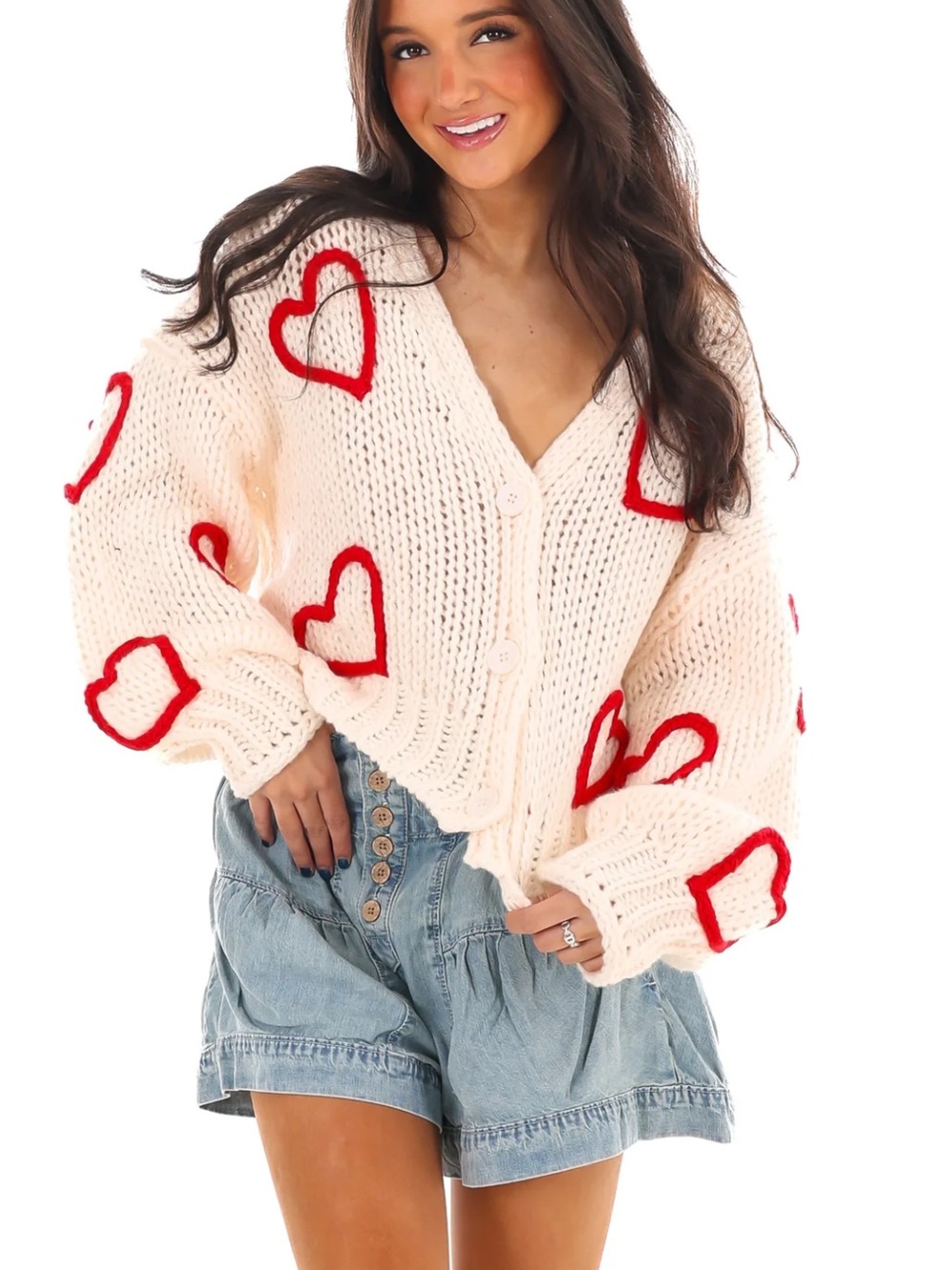 Dreamers Heart Chunky Knit Cardigan Sweater Cream Red Size S
